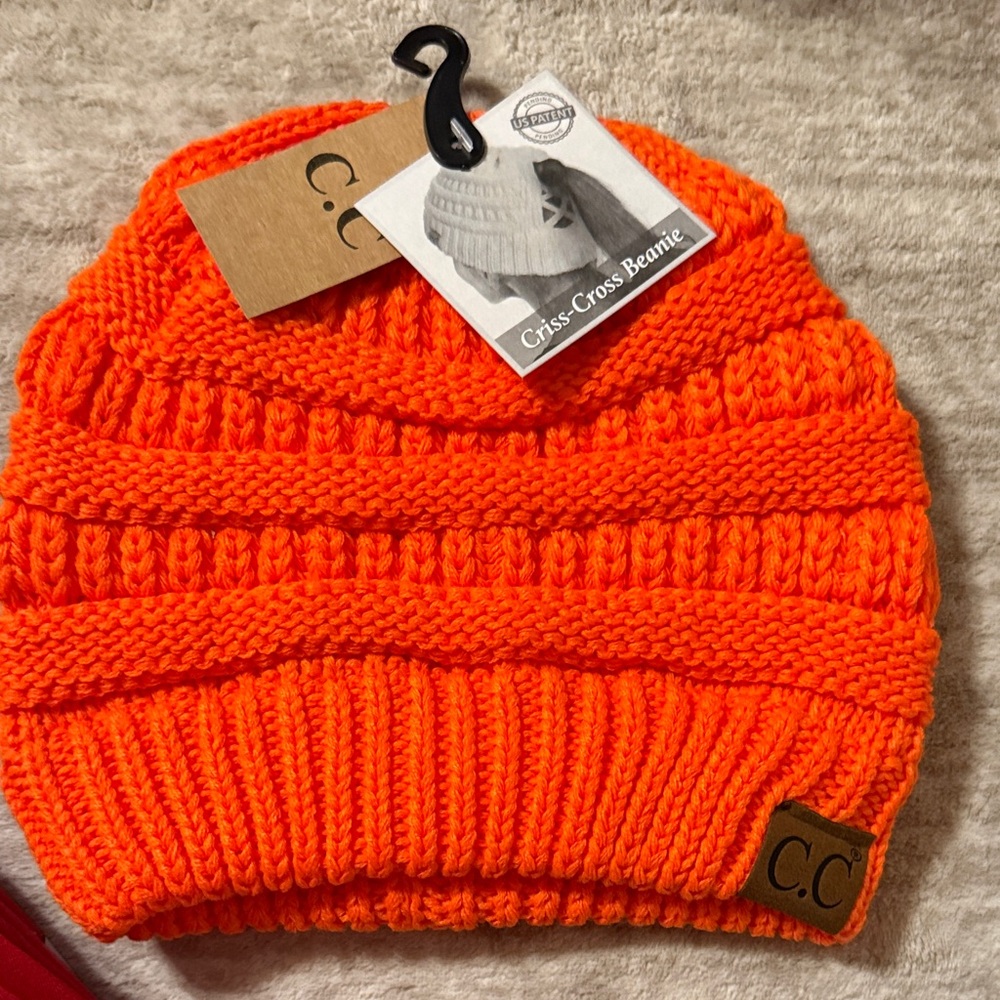 C.C Bright Orange Criss-Cross Beanie. Opening for your ponytail/ ASK 15% OFF